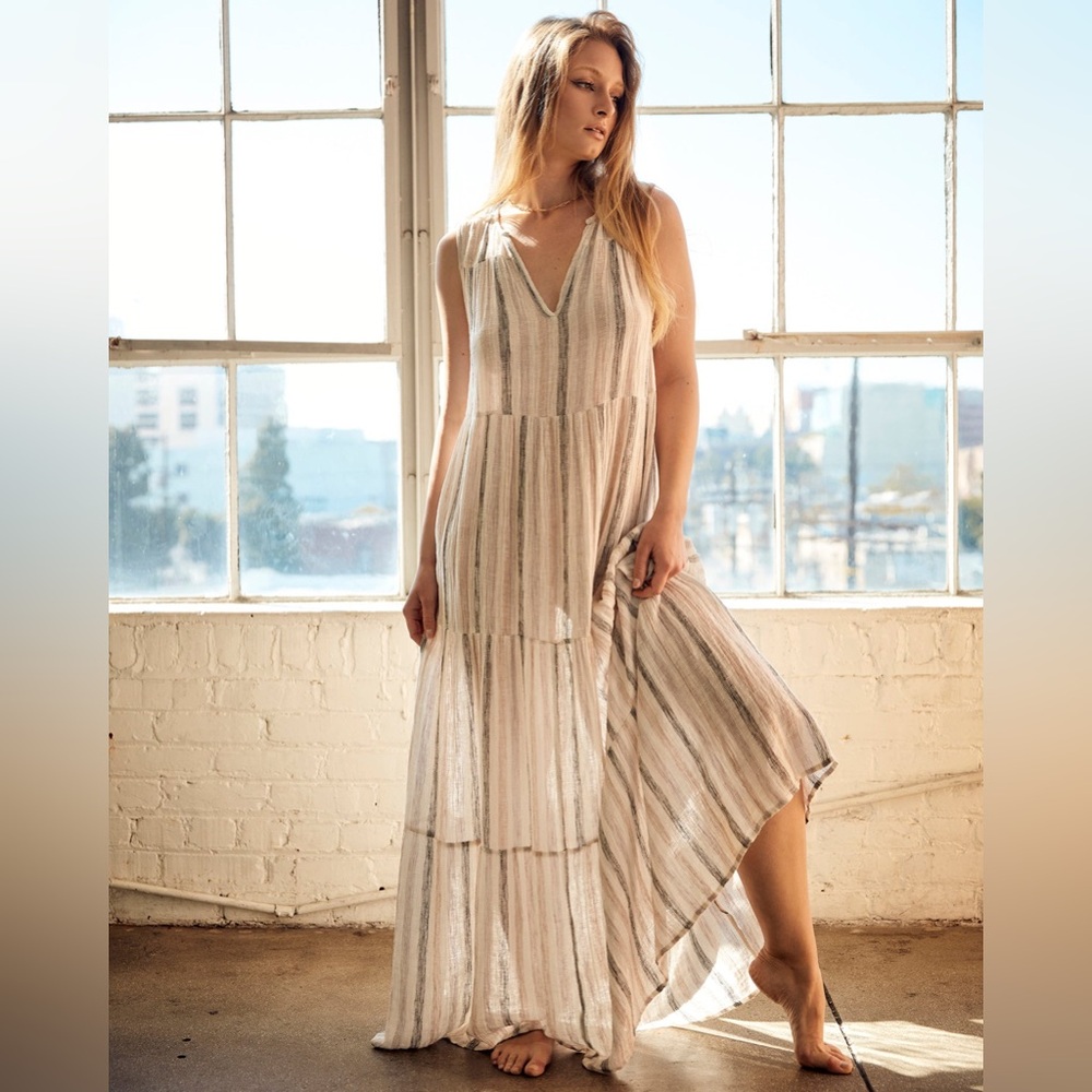 4our dreamers linen striped tiered maxi dress nwot